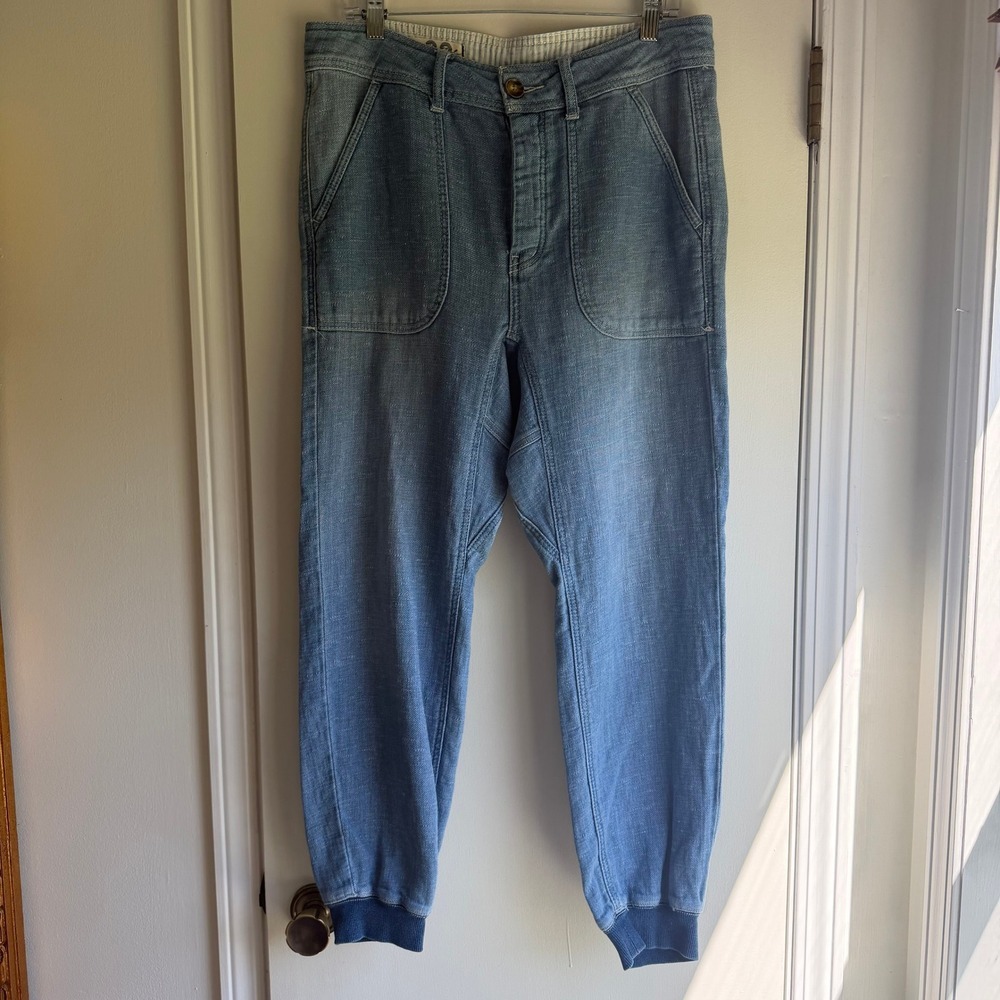 We The Free People Light Wash Cotton Linen Denim Joggers Blue Size 29 Button Fly